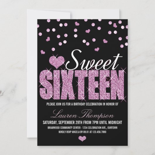 Roze Sparkle Sweet 16 Party-uitnodigingen Kaart (Voorkant)