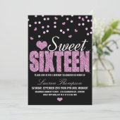 Roze Sparkle Sweet 16 Party-uitnodigingen Kaart (Staand voorkant)