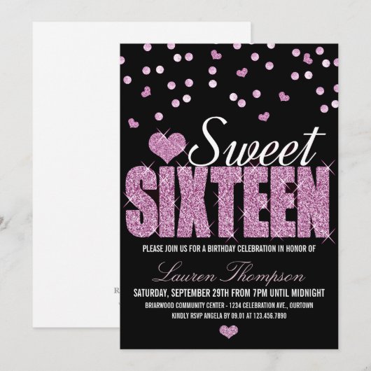 Roze Sparkle Sweet 16 Party-uitnodigingen Kaart (Voorkant / Achterkant)