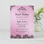 Roze Sparkle Tiara Damask Sweet Sixteen Kaart (Staand voorkant)