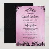 Roze Sparkle Tiara Damask Sweet Sixteen Kaart (Voorkant / Achterkant)