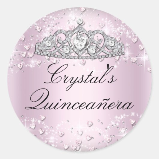Roze Sparkle Tiara & Harten Quinceanera Sticker (Voorkant)
