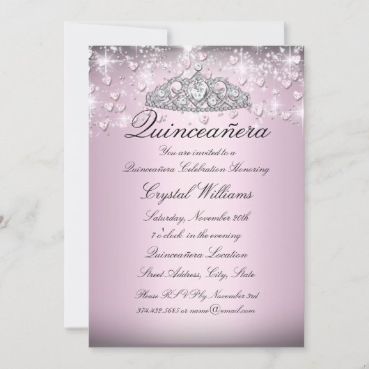 Roze Sparkle Tiara & Hearts Quinceanera Invite Kaart (Voorkant)