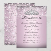 Roze Sparkle Tiara & Hearts Quinceanera Invite Kaart (Voorkant / Achterkant)