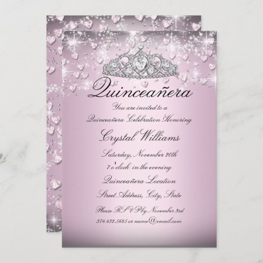 Roze Sparkle Tiara & Hearts Quinceanera Invite Kaart (Voorkant / Achterkant)