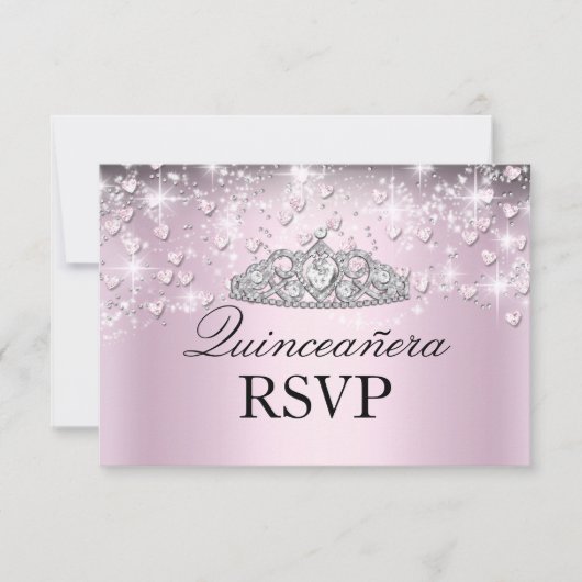 Roze Sparkle Tiara & Hearts Quinceanera RSVP (Voorkant)