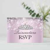 Roze Sparkle Tiara & Hearts Quinceanera RSVP (Staand voorkant)
