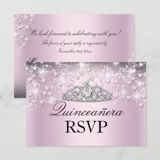 Roze Sparkle Tiara & Hearts Quinceanera RSVP (Voorkant / Achterkant)