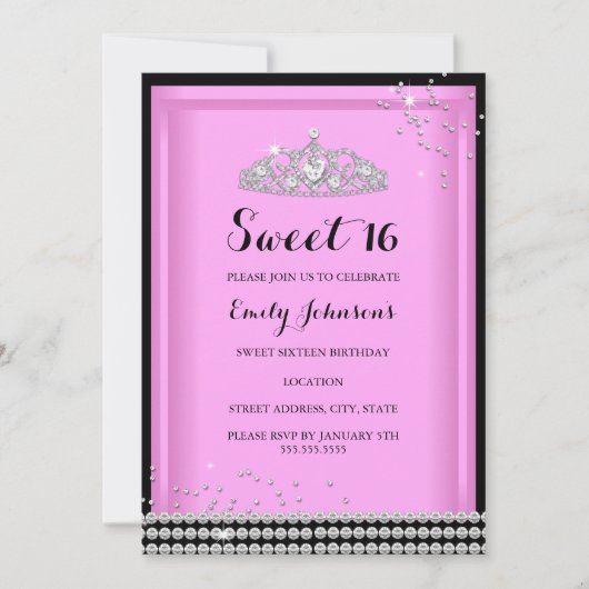 Roze Sparkle Tiara Sweet 16 Birthday Invitation Kaart (Voorkant)