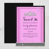 Roze Sparkle Tiara Sweet 16 Birthday Invitation Kaart (Voorkant / Achterkant)