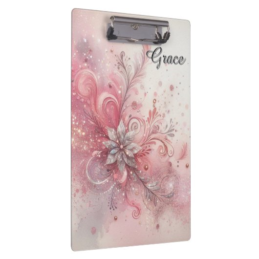 Roze Sparkle Zilveren Glitter Bloem Gepersonalisee Klembord (Rechts)