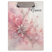 Roze Sparkle Zilveren Glitter Bloem Gepersonalisee Klembord (Voorkant)