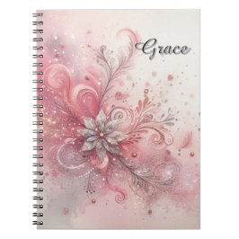 Roze Sparkle Zilveren Glitter Bloem Gepersonalisee Notitieboek
