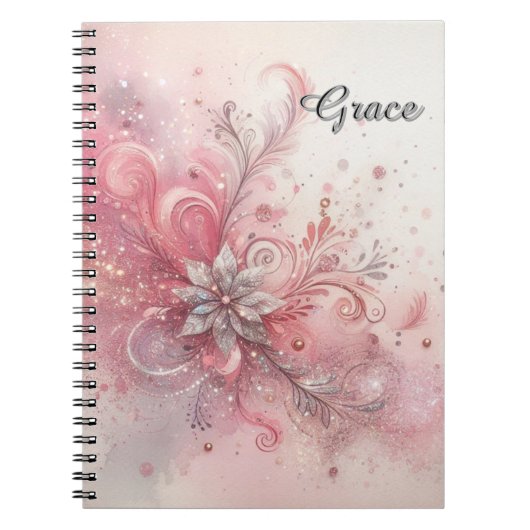 Roze Sparkle Zilveren Glitter Bloem Gepersonalisee Notitieboek (Voorkant)