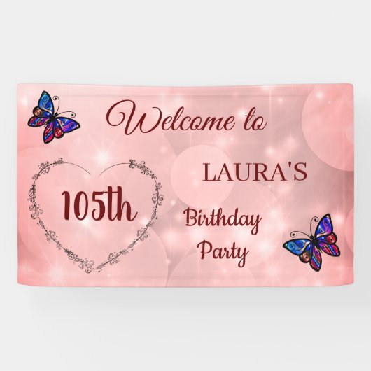 Roze Sparkly Butterfly op maat 105th Birthday Spandoek (Horizontaal)