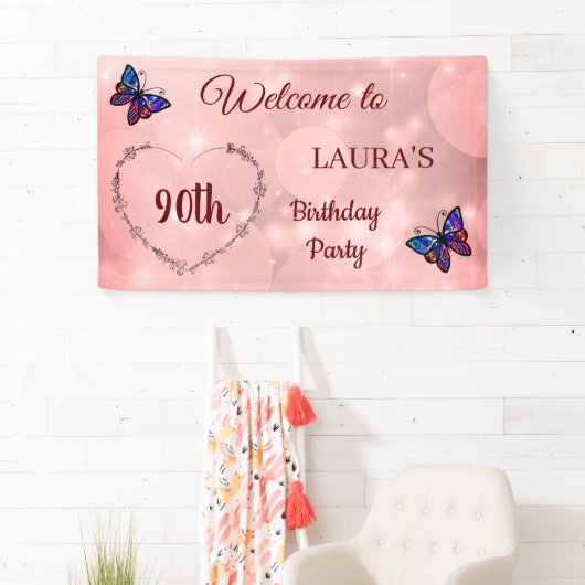 Roze Sparkly Butterfly op maat van 90th Birthday Spandoek (Insitu)