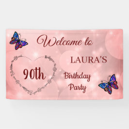 Roze Sparkly Butterfly op maat van 90th Birthday Spandoek