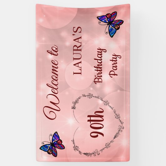 Roze Sparkly Butterfly op maat van 90th Birthday Spandoek (Verticaal)