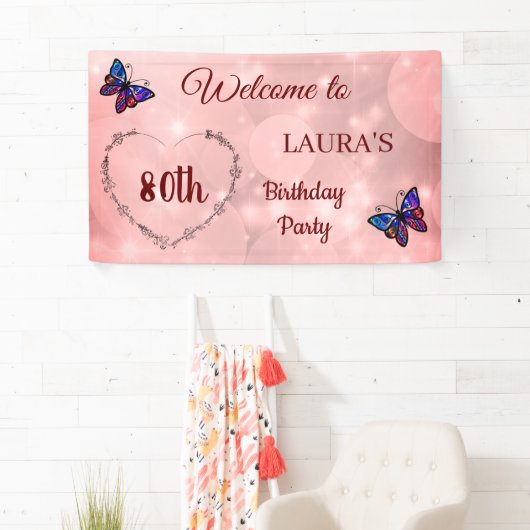 Roze Sparkly Butterfly op maat van de 80ste verjaa Spandoek (Insitu)