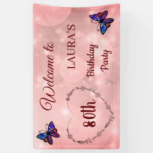 Roze Sparkly Butterfly op maat van de 80ste verjaa Spandoek (Verticaal)
