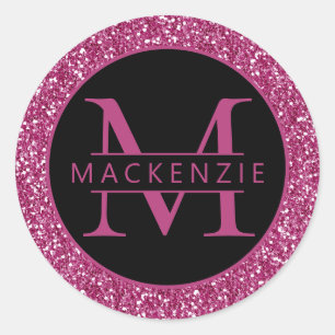 Roze Sparkly Glitter Gepersonaliseerde Naam Ronde Sticker