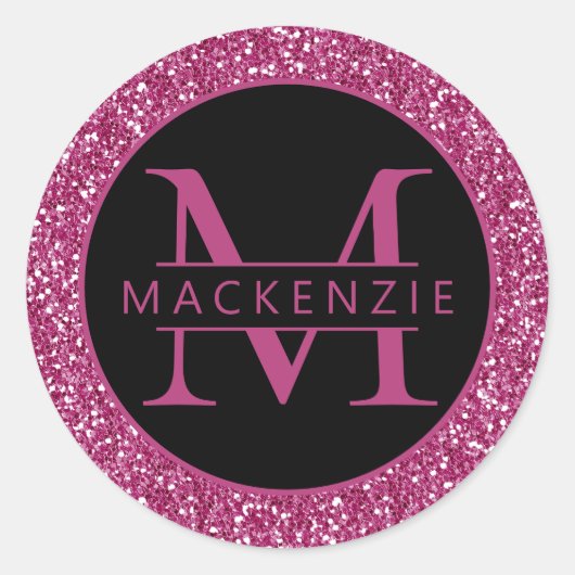 Roze Sparkly Glitter Gepersonaliseerde Naam Ronde Sticker (Voorkant)