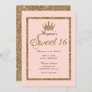 Roze Sparkly Gold Glitter Sweet 16 Princess Crown Kaart