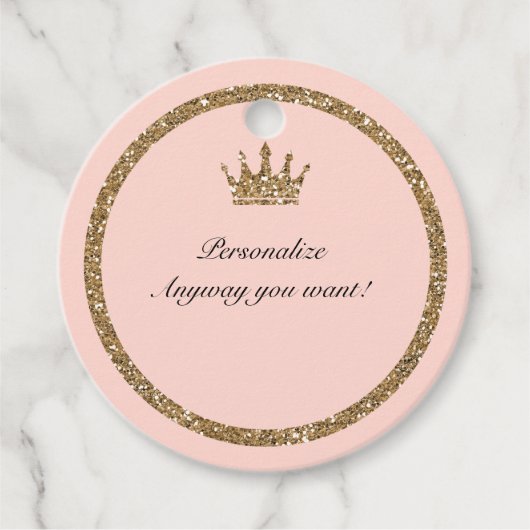 Roze Sparkly Goud Glitter Sweet 16 Prinses Kroon Bedankjes Labels (Voorkant)