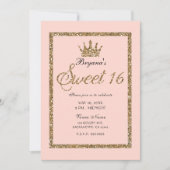 Roze Sparkly Goud Glitter Sweet 16 Prinses Kroon Kaart (Voorkant)