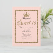 Roze Sparkly Goud Glitter Sweet 16 Prinses Kroon Kaart (Staand voorkant)