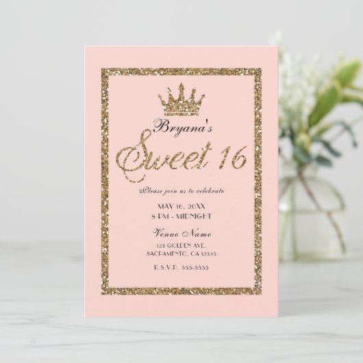 Roze Sparkly Goud Glitter Sweet 16 Prinses Kroon Kaart (Staand voorkant)