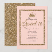 Roze Sparkly Goud Glitter Sweet 16 Prinses Kroon Kaart (Voorkant / Achterkant)