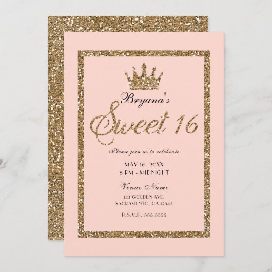 Roze Sparkly Goud Glitter Sweet 16 Prinses Kroon Kaart (Voorkant / Achterkant)