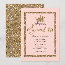 Roze Sparkly Goud Glitter Sweet 16 Prinses Kroon Kaart