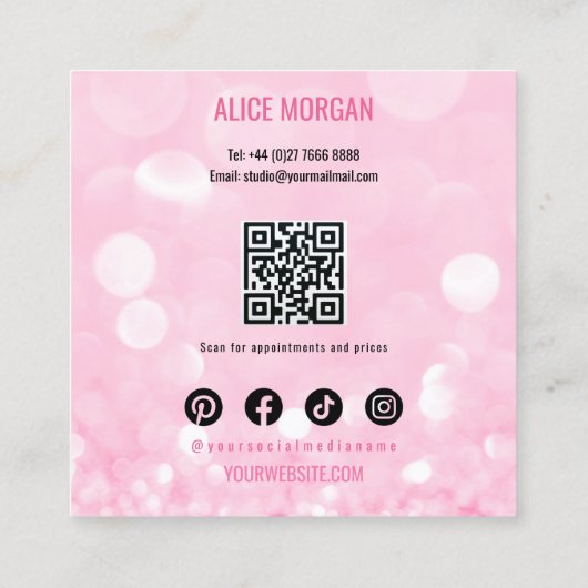 Roze Sparkly Make-up Artiest Glamour Bokeh Sequin  Vierkante Visitekaartje (Achterkant)