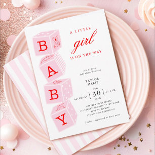 Roze Speelgoed blokjes   Girl Baby shower Invitati Kaart