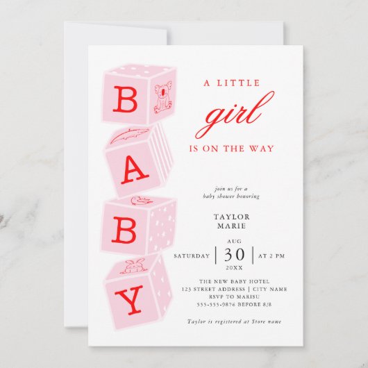 Roze Speelgoed blokjes | Girl Baby shower Invitati Kaart (Voorkant)
