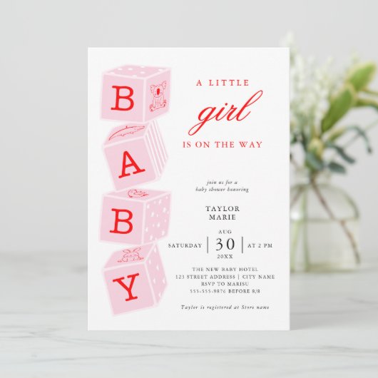 Roze Speelgoed blokjes | Girl Baby shower Invitati Kaart (Staand voorkant)