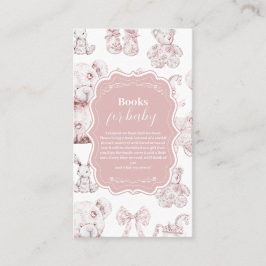 Roze Speelgoed Toile De Jouy Baby shower Boeken vo Informatiekaartje (Voorkant)