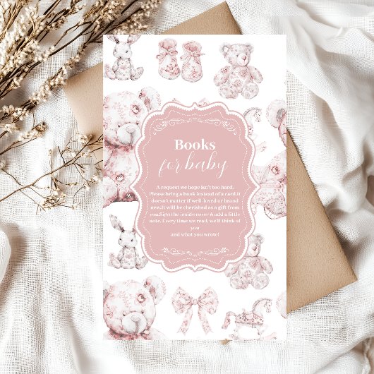Roze Speelgoed Toile De Jouy Baby shower Boeken vo Informatiekaartje