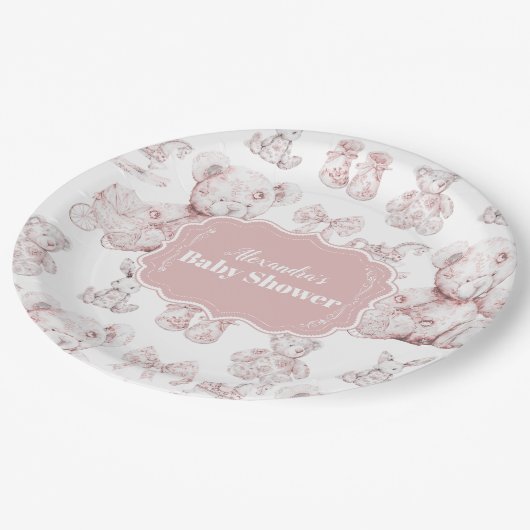 Roze Speelgoed Toile De Jouy Baby shower Papieren Bordje (Gekanteld)