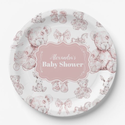 Roze Speelgoed Toile De Jouy Baby shower Papieren Bordje (Voorkant)