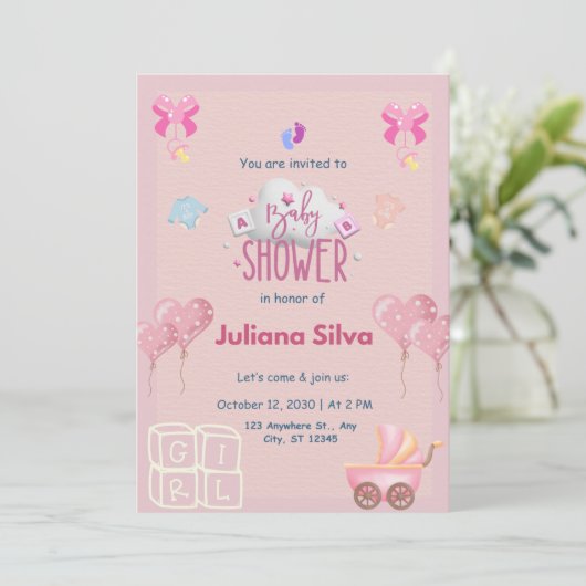 Roze speelse babyshower uitnodiging (Staand voorkant)