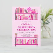 Roze speelse boeken afstuderen kaart (Staand voorkant)