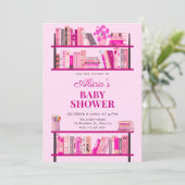 Roze speelse boeken baby shower kaart (Staand voorkant)