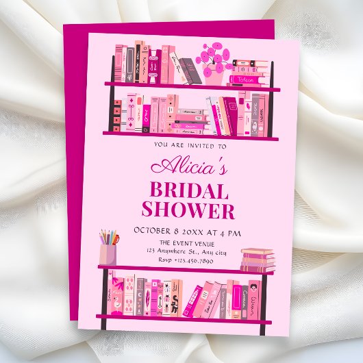 Roze speelse boeken bruidsdouche kaart