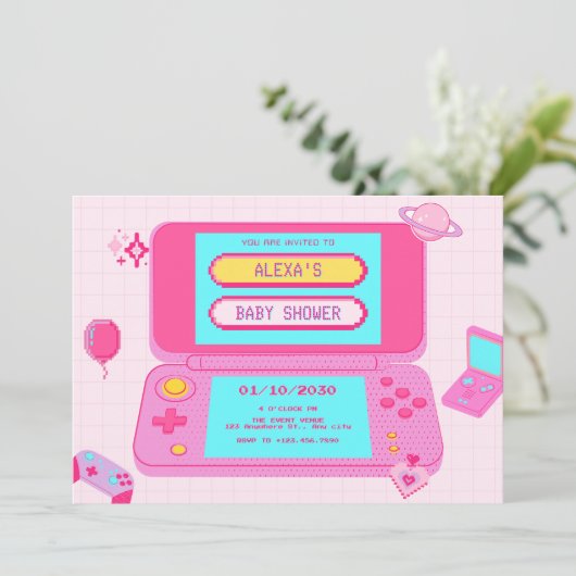 Roze spel retro baby shower kaart (Staand voorkant)