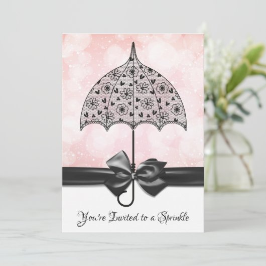 Roze Spetter Baby Shower Zwarte Kant Paraplu Kaart (Staand voorkant)