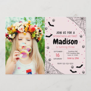 Roze Spider Halloween Birthday Invite met foto Kaart
