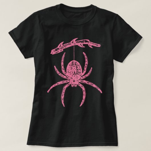 Roze spin die van Tak T-shirt hangt (Design voorkant)